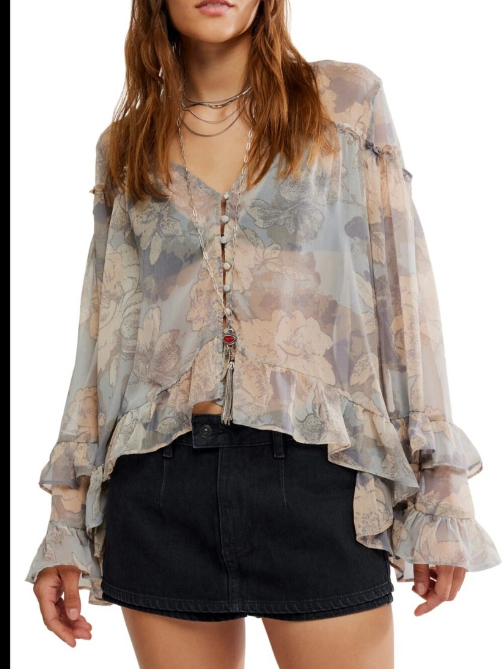 Free People Women’s Floral Ruffle V-Neck Blouse in Gray/Blue - Picture 2 of 11